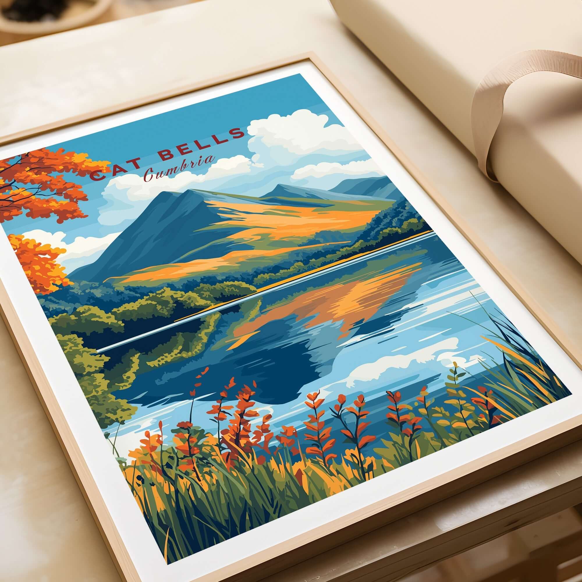 Cat Bells Travel Print - Lake District showcasing vibrant colors of the landscape and lake in a framed print.