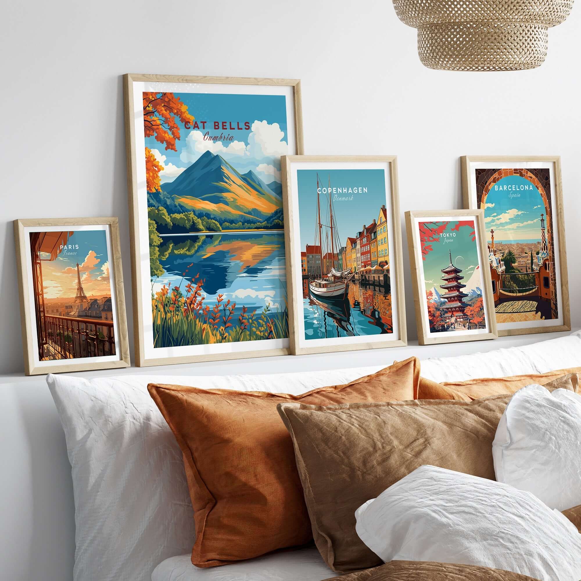 Cat Bells Travel Print - Lake District showcased in a stylish home decor setting with other travel prints.