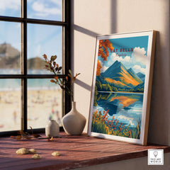 Cat Bells Travel Print - Lake District displayed in a sunlit room with mountains reflected in water.