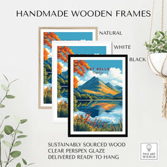 Cat Bells Travel Print - Lake District in handmade wooden frames, available in natural, white, and black options.