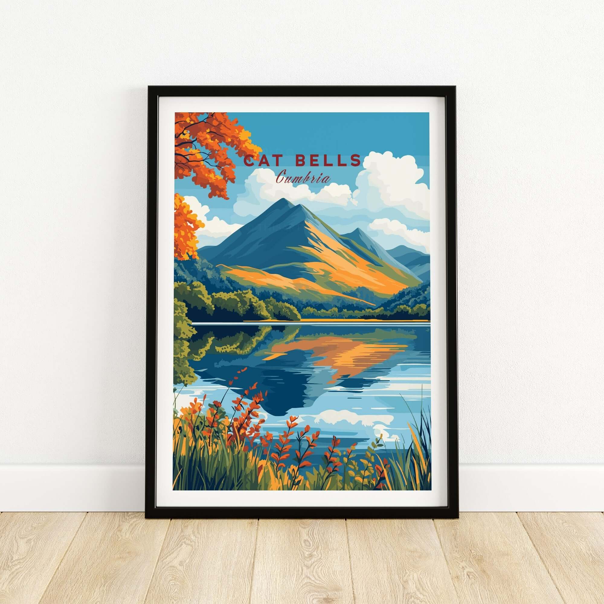 Cat Bells Travel Print - Lake District framed artwork depicting vibrant Lake District landscape.