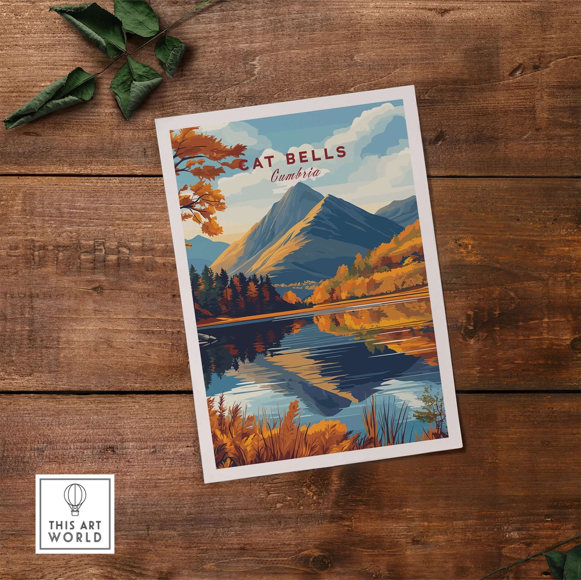 Cat Bells Wall Art - Lake District poster showcasing the scenic landscape of Cumbria with mountains and reflections.