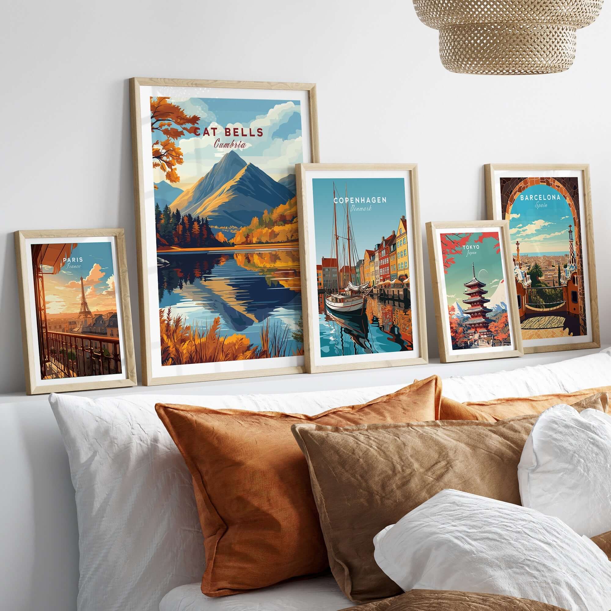 Cat Bells Wall Art - Lake District featuring multiple framed landscape posters on a stylish wall.