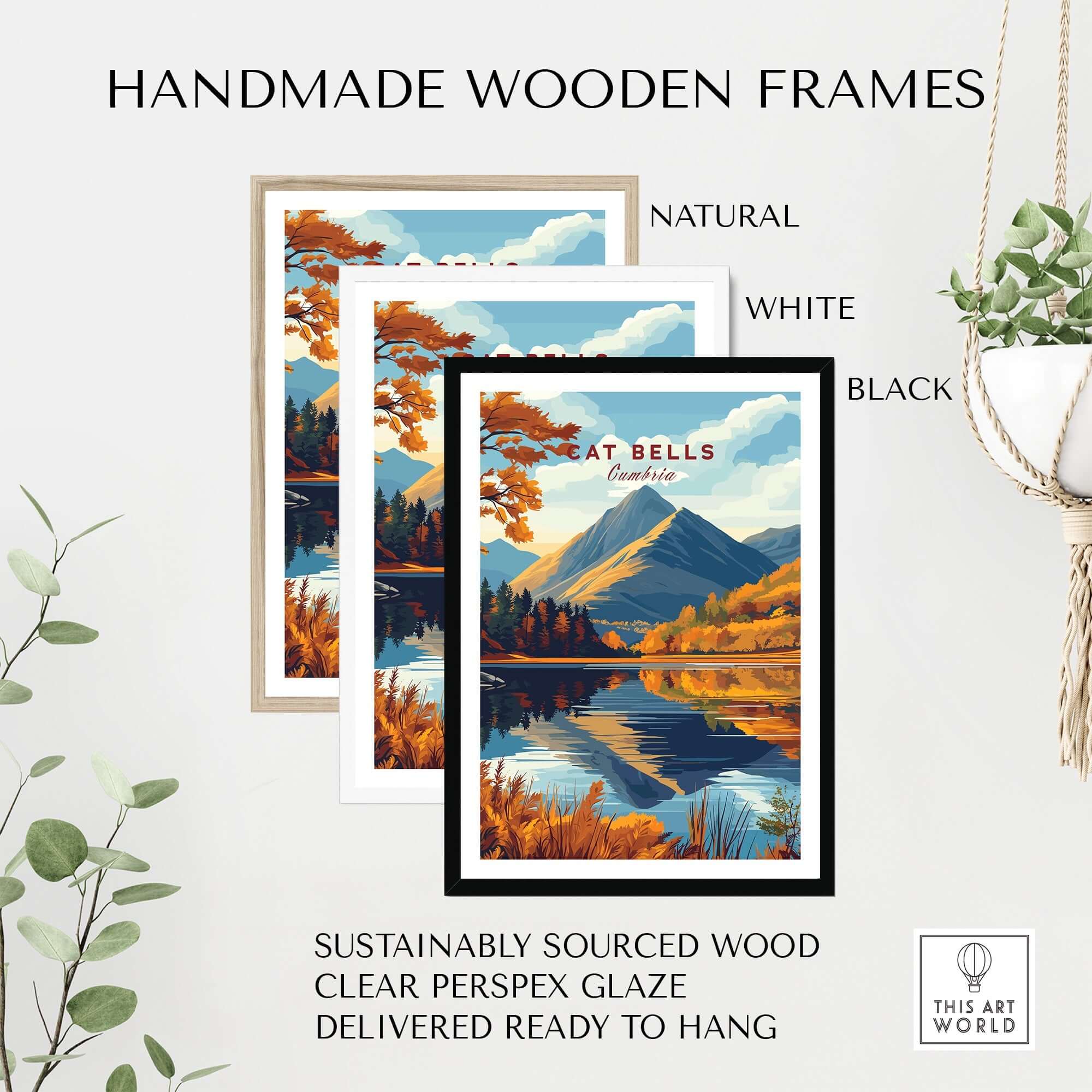 Cat Bells Wall Art - Lake District with handmade wooden frames in natural, white, and black finishes.
