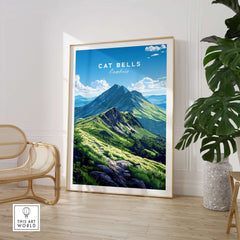Cat Bells Wall Art Poster - Lake District displayed in a stylish living room with a plant and modern decor.