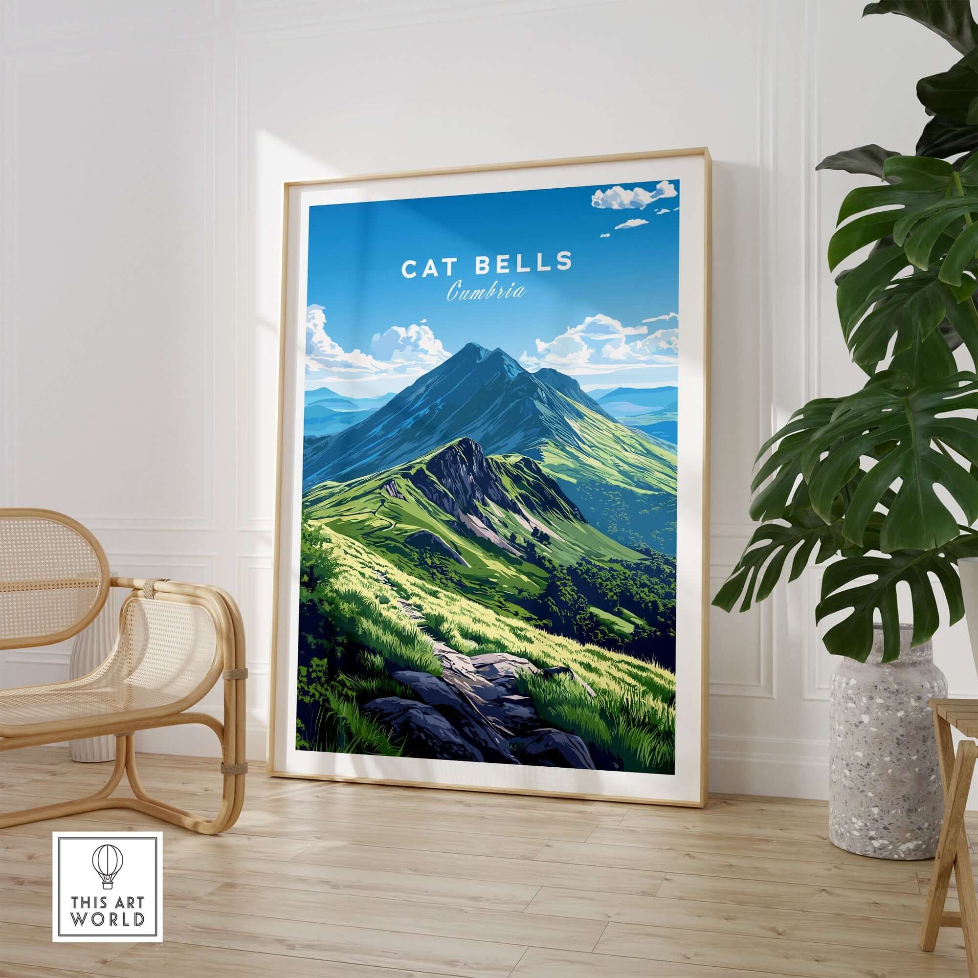Cat Bells Wall Art Poster - Lake District displayed in a stylish living room with a plant and modern decor.
