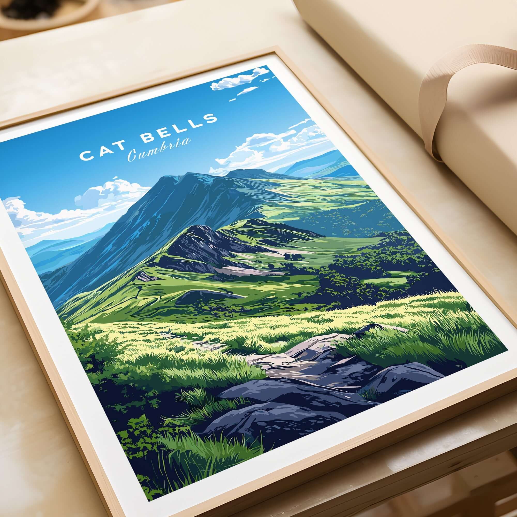 Cat Bells Wall Art Poster - Lake District showcasing a vibrant green landscape and mountain scenery.