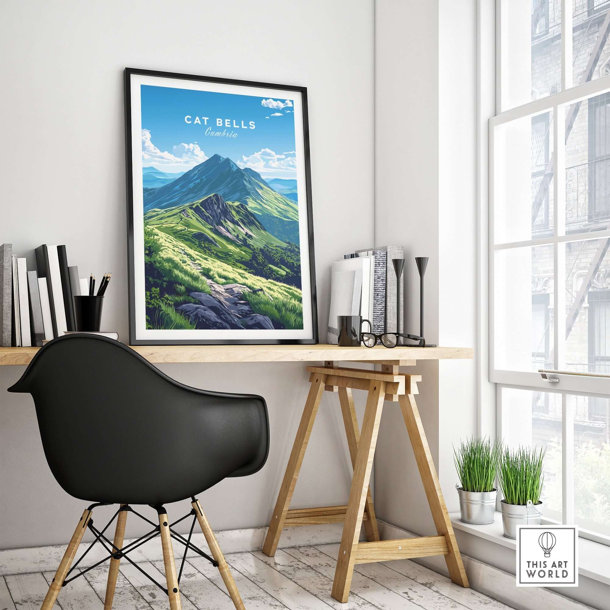 Cat Bells Wall Art Poster - Lake District showcased in a modern home office setting with a stylish chair.