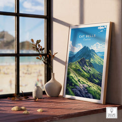 Cat Bells Wall Art Poster - Lake District framed on a table, showcasing the scenic beauty of Cat Bells mountain.