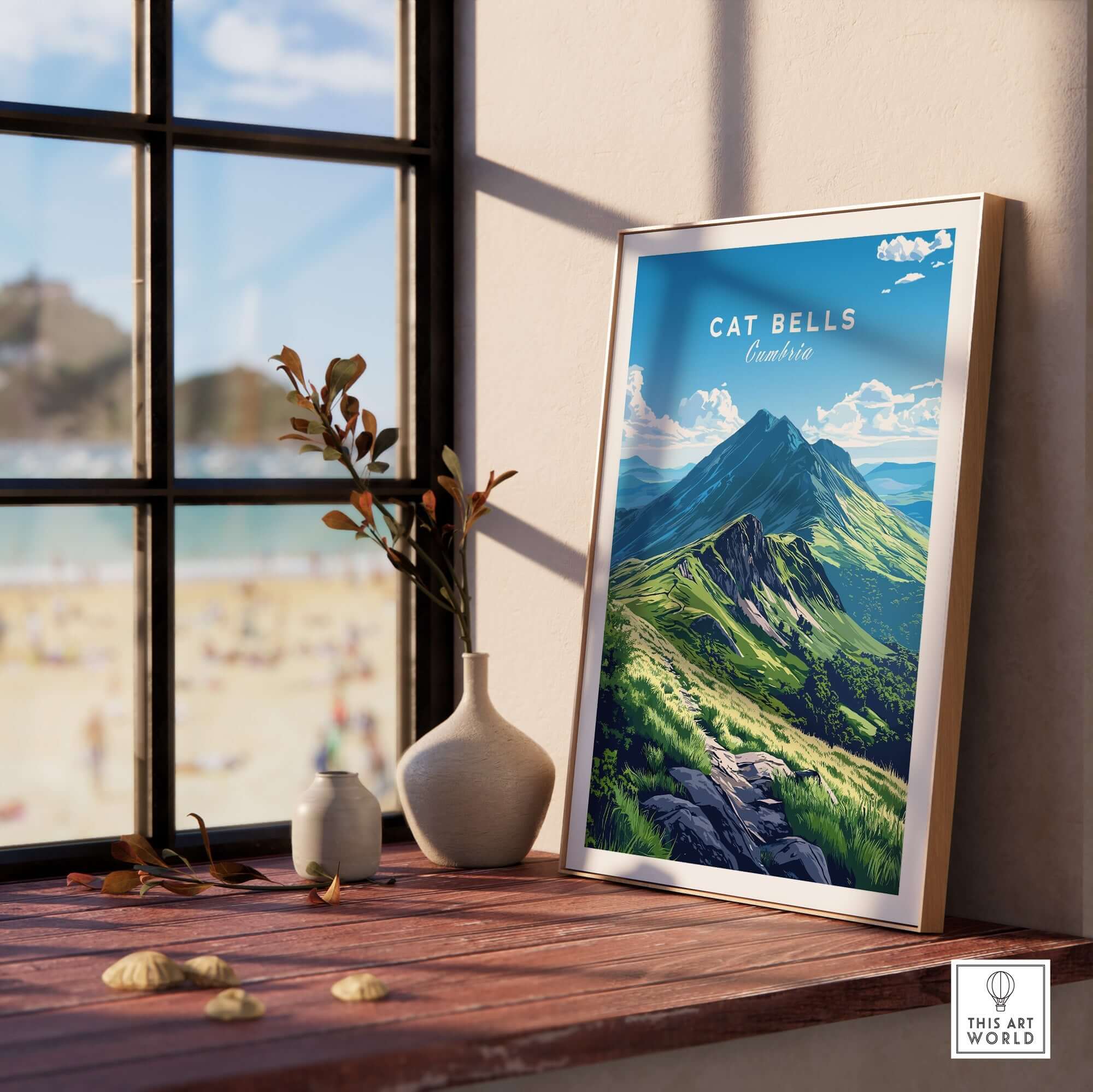 Cat Bells Wall Art Poster - Lake District framed on a table, showcasing the scenic beauty of Cat Bells mountain.