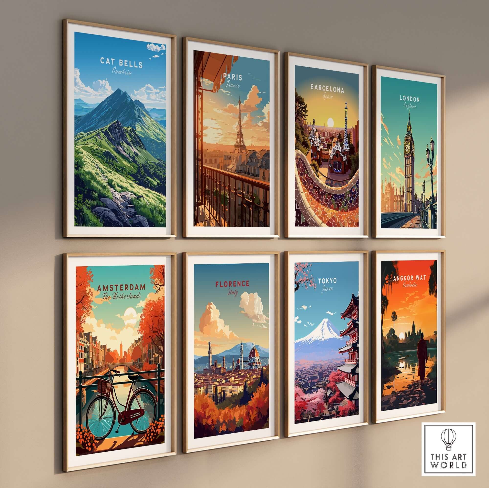 Cat Bells Wall Art Poster - Lake District displayed among other city posters on a gallery wall.