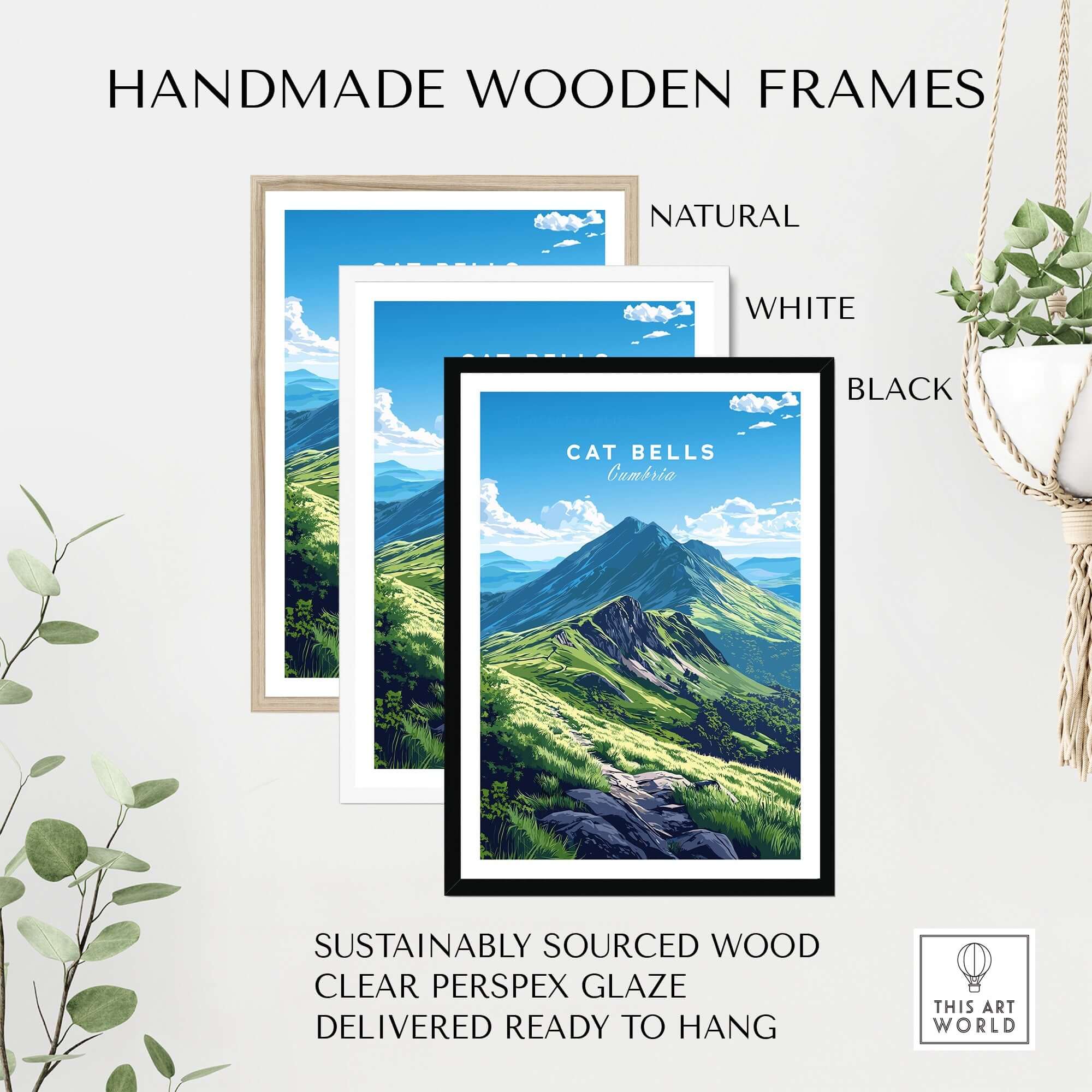 Cat Bells Wall Art Poster - Lake District framed in natural, white, and black handmade wooden frames.