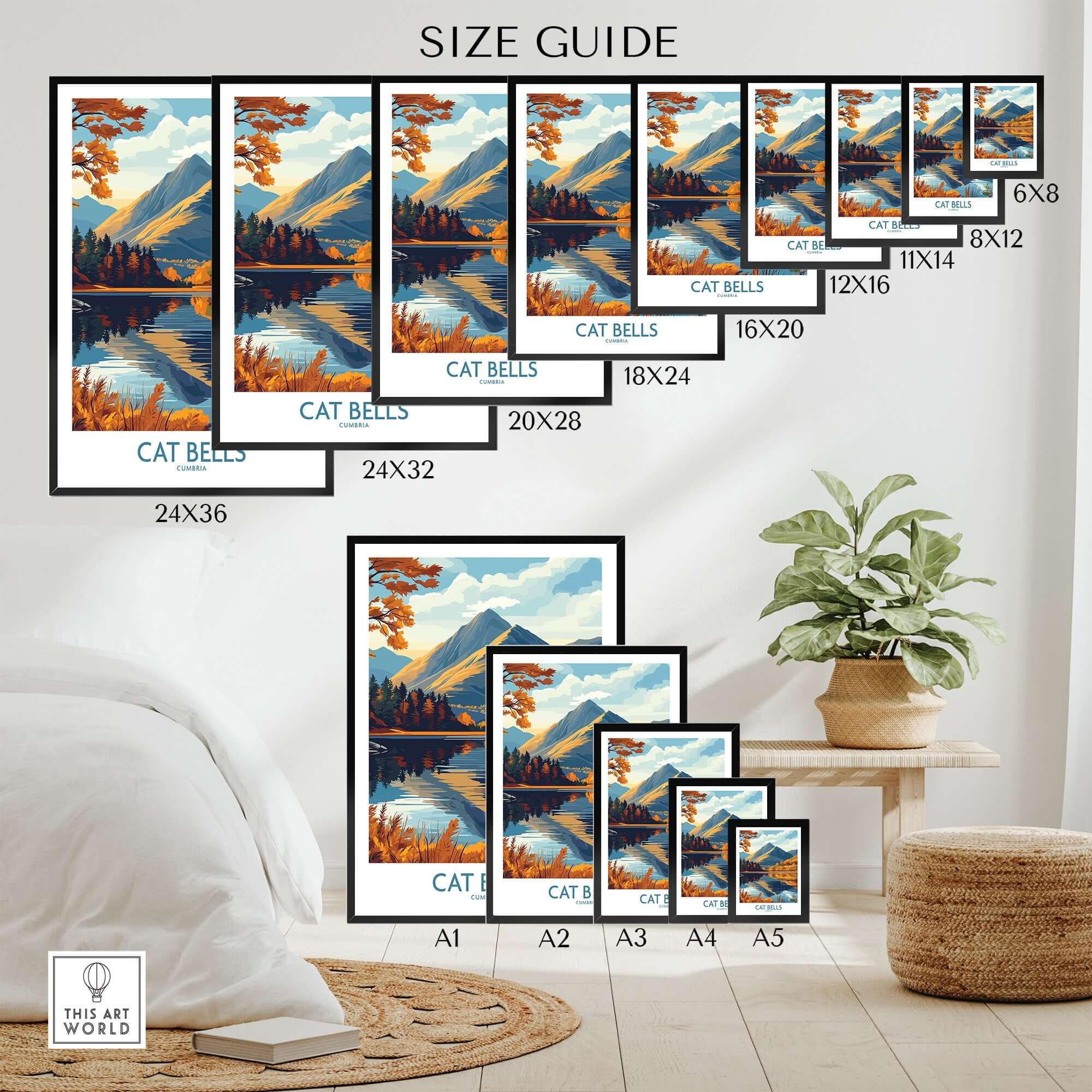 Size guide for Cat Bells Wall Art Print - Lake District showcasing various print sizes.