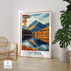 Cat Bells Wall Art Print - Lake District, featuring vibrant autumn colors and stunning mountain reflection.