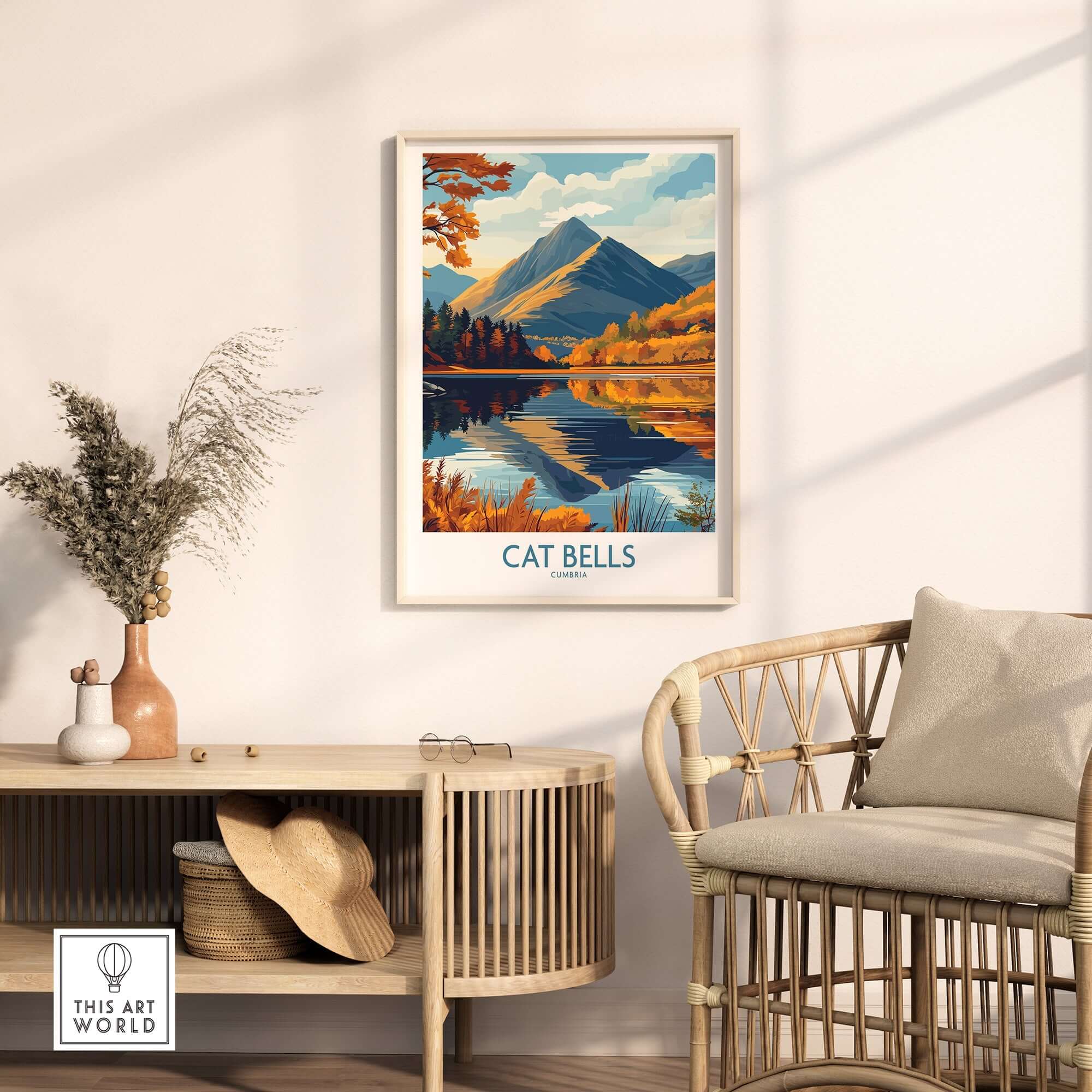Cat Bells Wall Art Print - Lake District displayed in modern decor with natural sunlight.