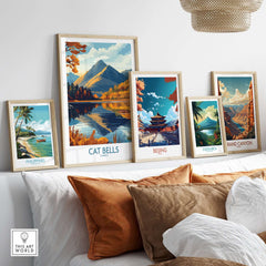 Cat Bells Wall Art Print - Lake District featured among other travel prints on a cozy living room shelf.