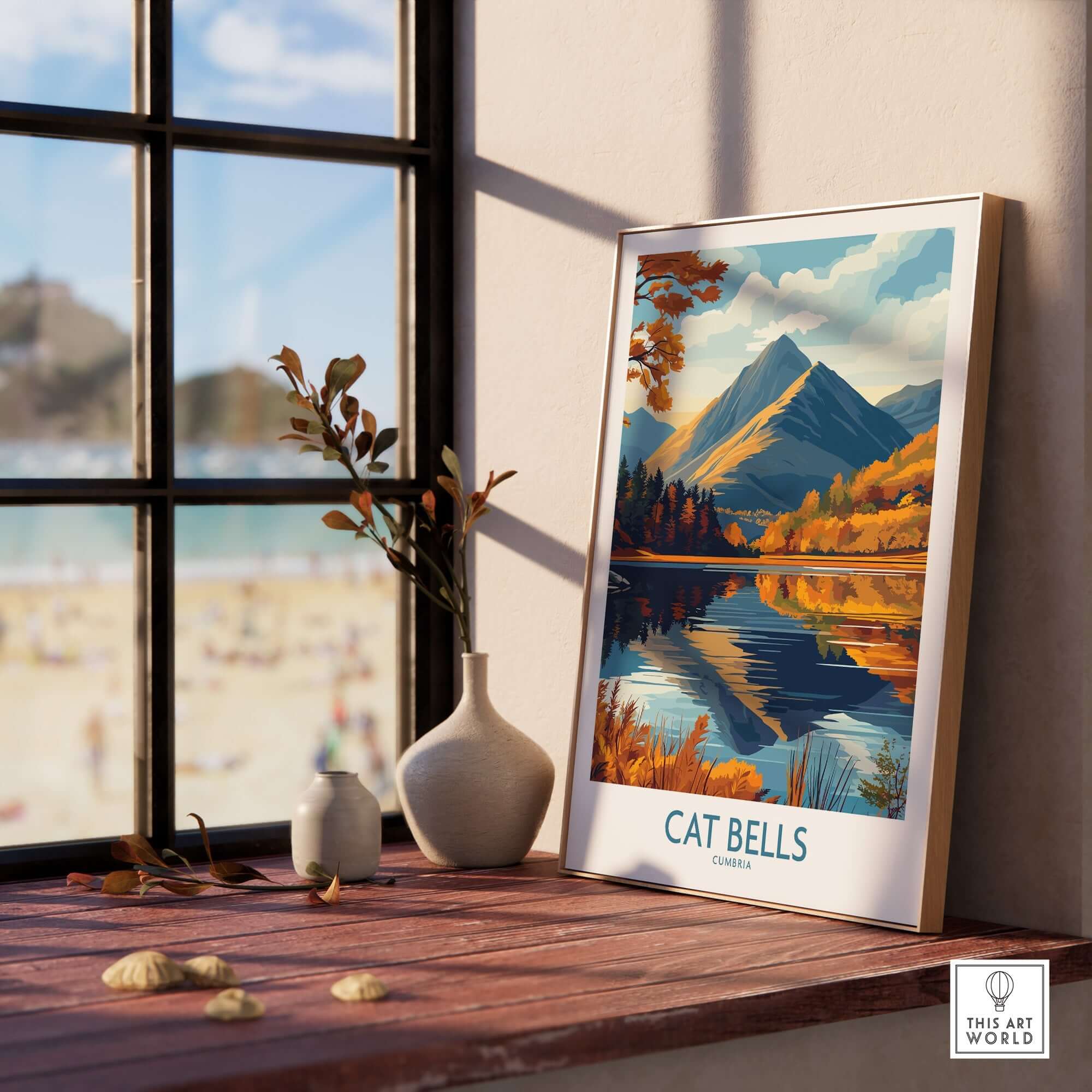 Cat Bells Wall Art Print - Lake District displayed beside a window, showcasing stunning mountain and lake scenery.