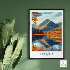 Cat Bells Wall Art Print - Lake District displayed on a green wall with vibrant autumn scenery reflection.