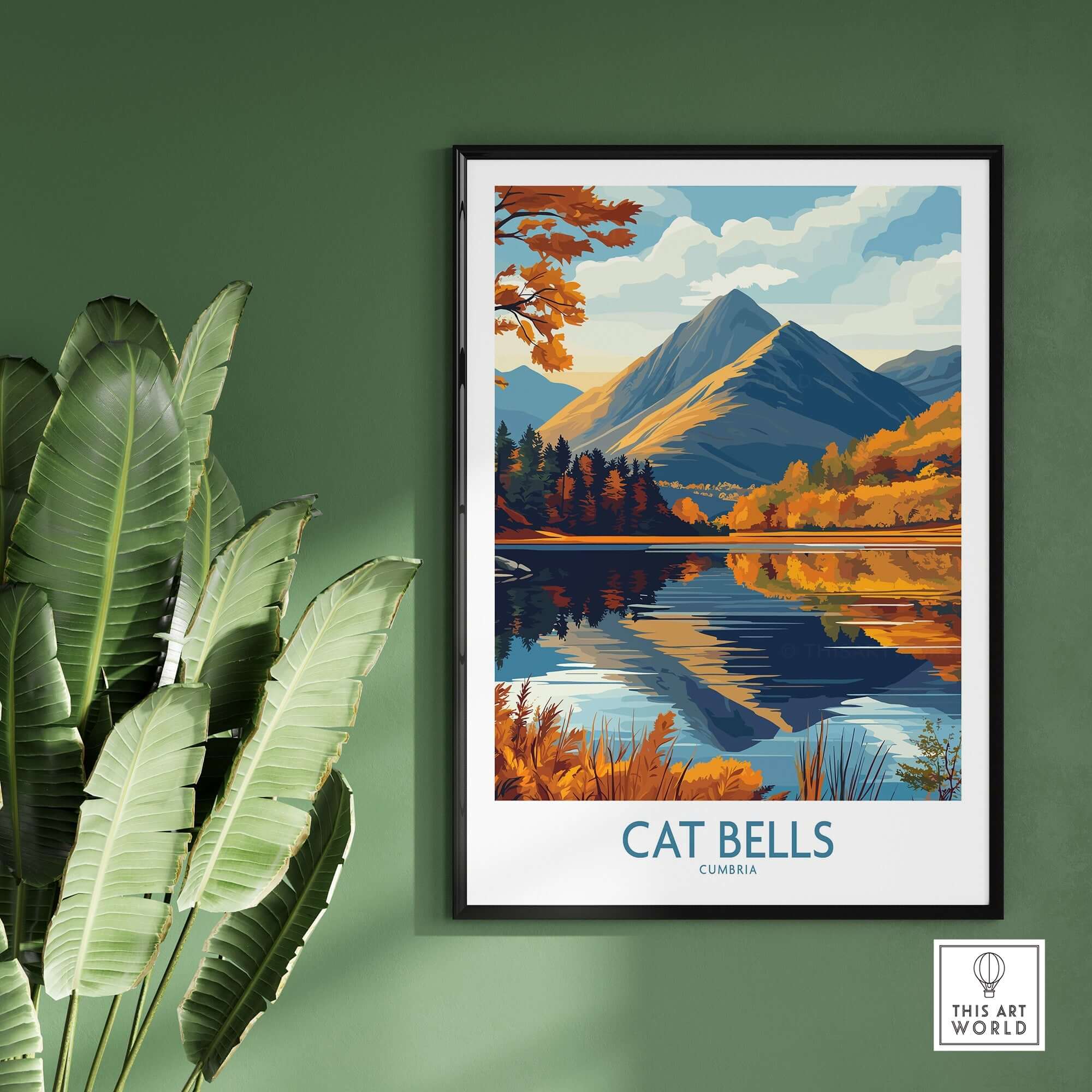 Cat Bells Wall Art Print - Lake District displayed on a green wall with vibrant autumn scenery reflection.