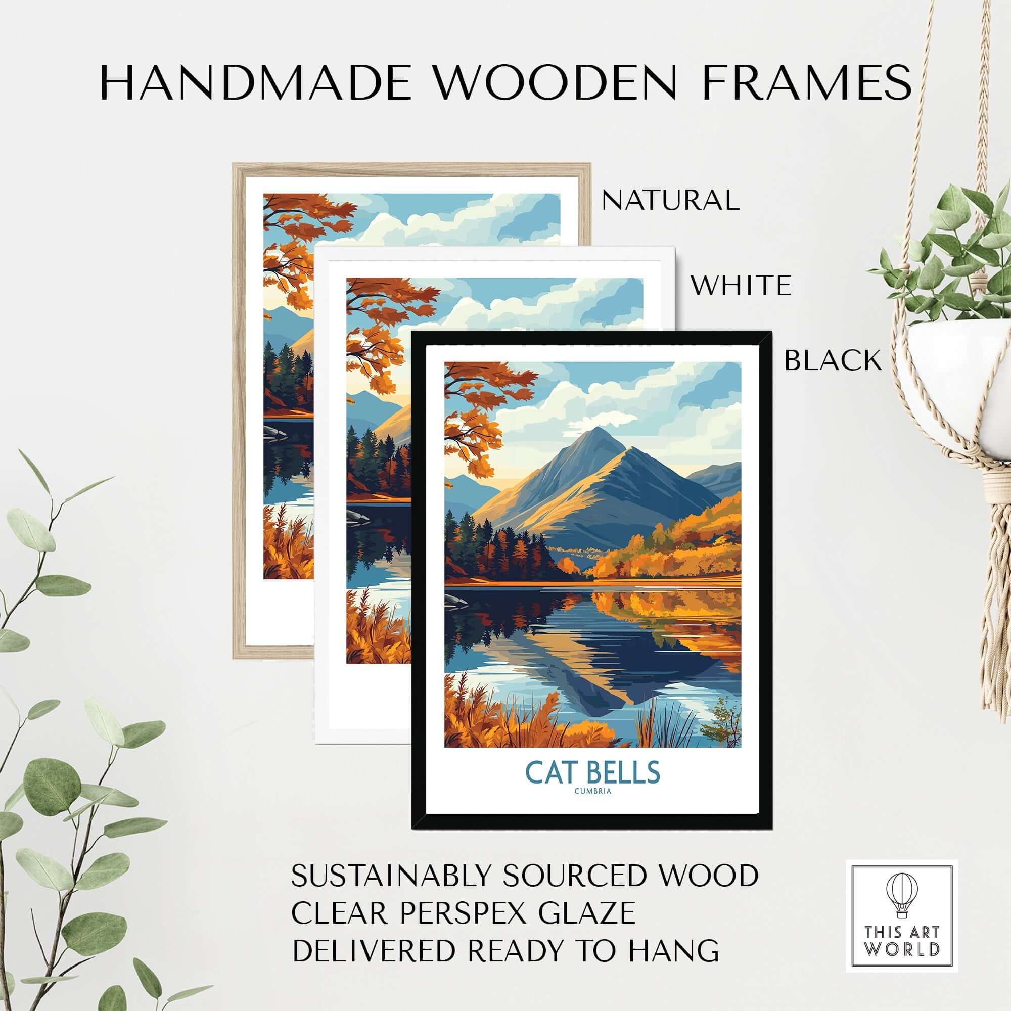 Cat Bells Wall Art Print - Lake District displayed in handmade wooden frames in natural, white, and black options.