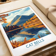 Cat Bells Wall Art Print - Lake District vibrant landscape art featuring mountains and reflections in water.