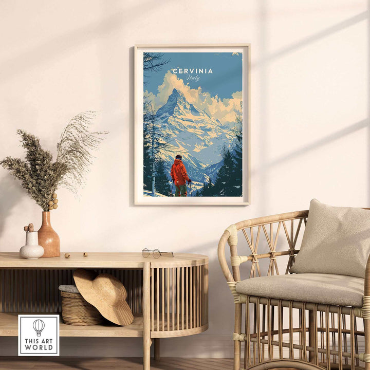 Cervinia ski print featuring a snowy mountain landscape, framed and displayed in a stylish interior setting.