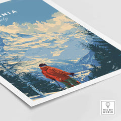 Cervinia ski print featuring a skier in an orange jacket against snowy Italian Alps backdrop. Perfect for ski enthusiasts.