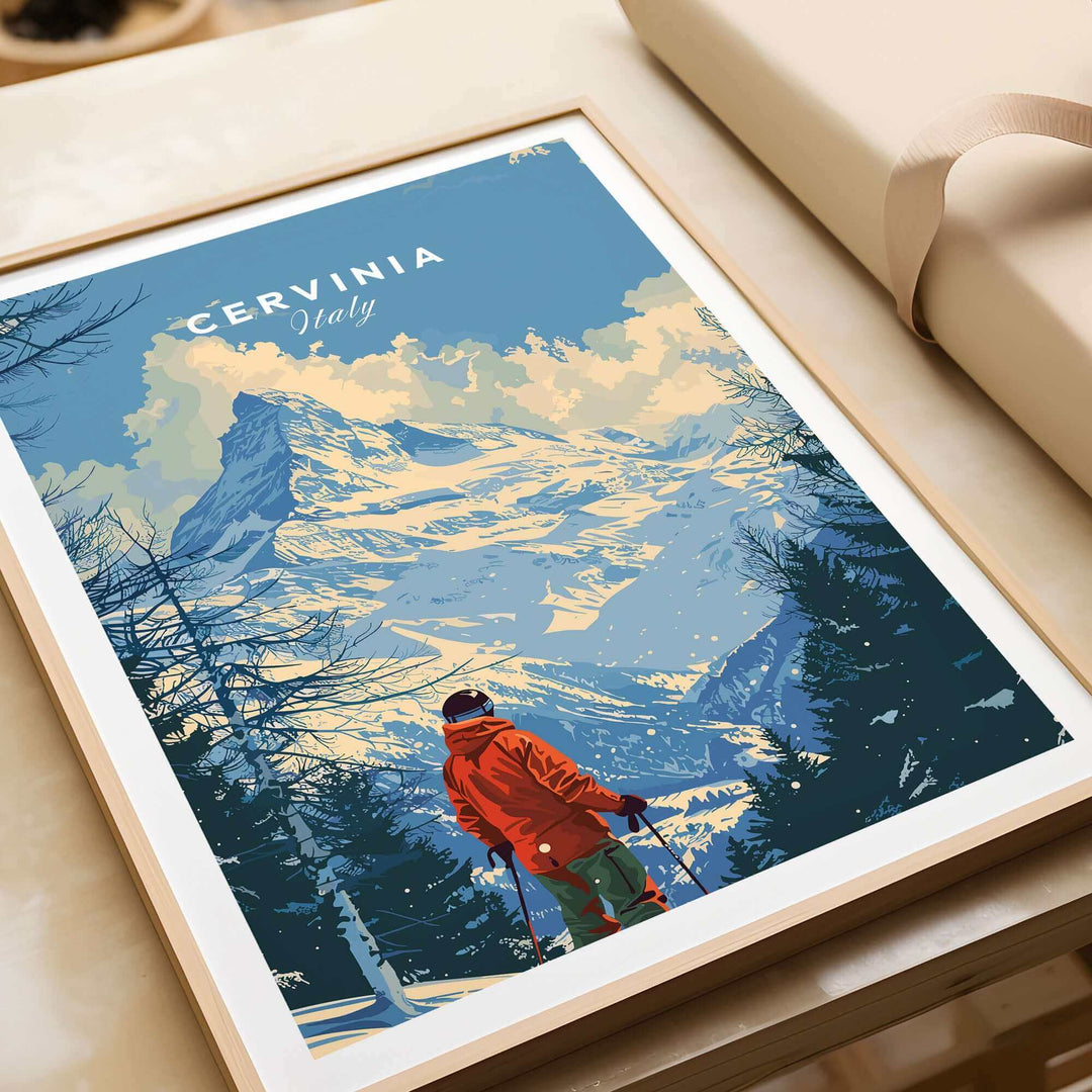 Cervinia ski print featuring a skier in front of majestic mountains, capturing the beauty of Italy's alpine scenery.