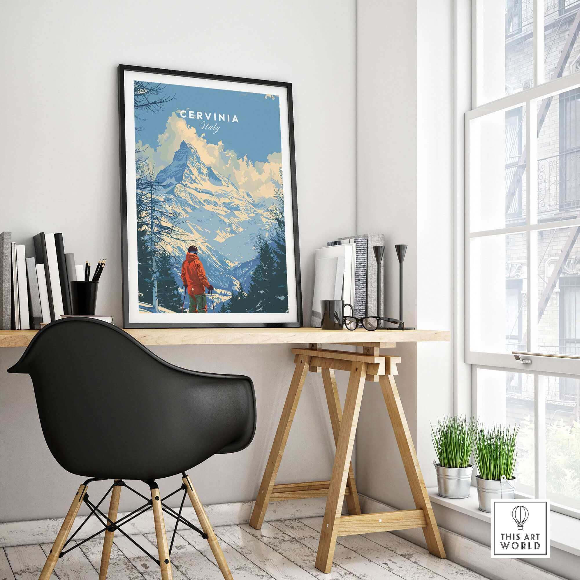 Cervinia Ski print displayed in modern room, showcasing Italian Alps and skiing adventure aesthetics.