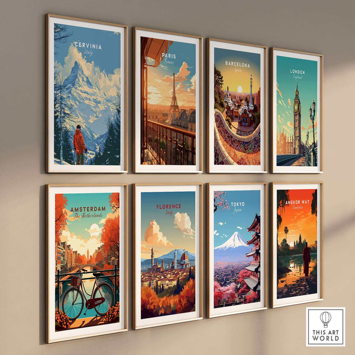 Collection of vibrant travel prints featuring iconic cities like Cervinia, Paris, Barcelona, and Florence.