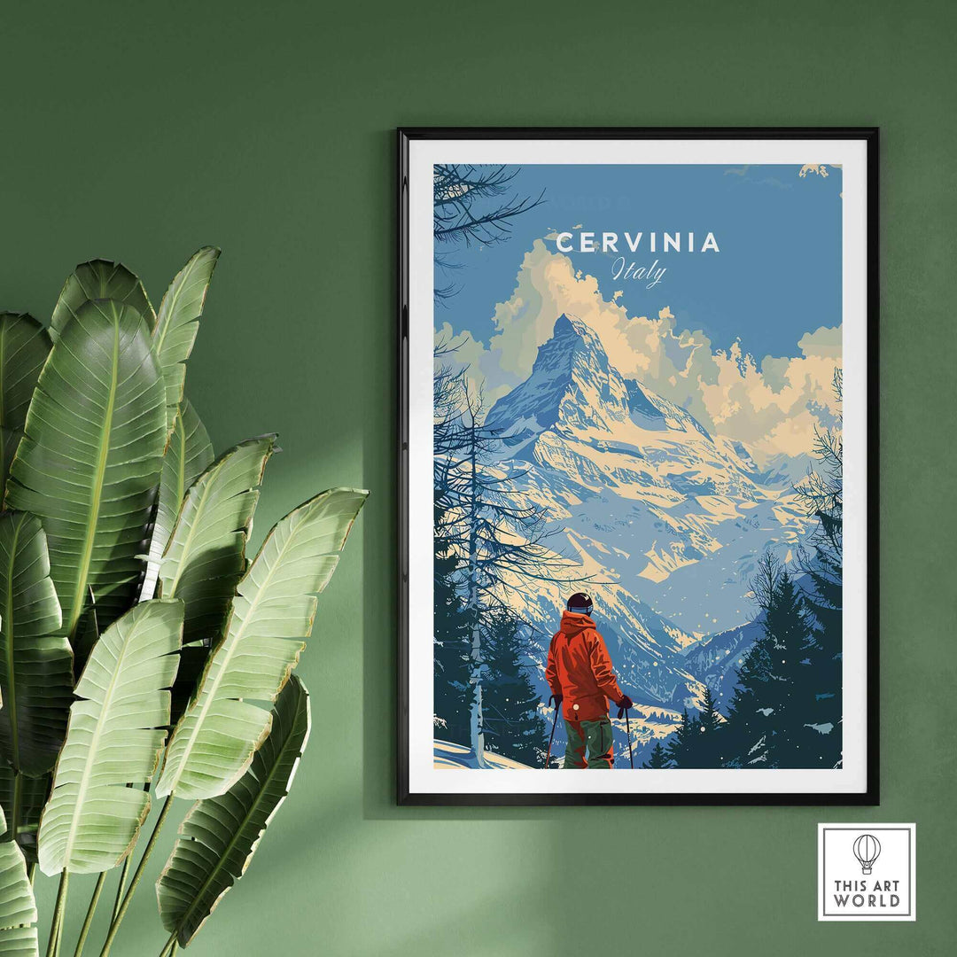 Cervinia ski print featuring a mountain landscape in Italy, perfect for skiing enthusiasts and home decor.