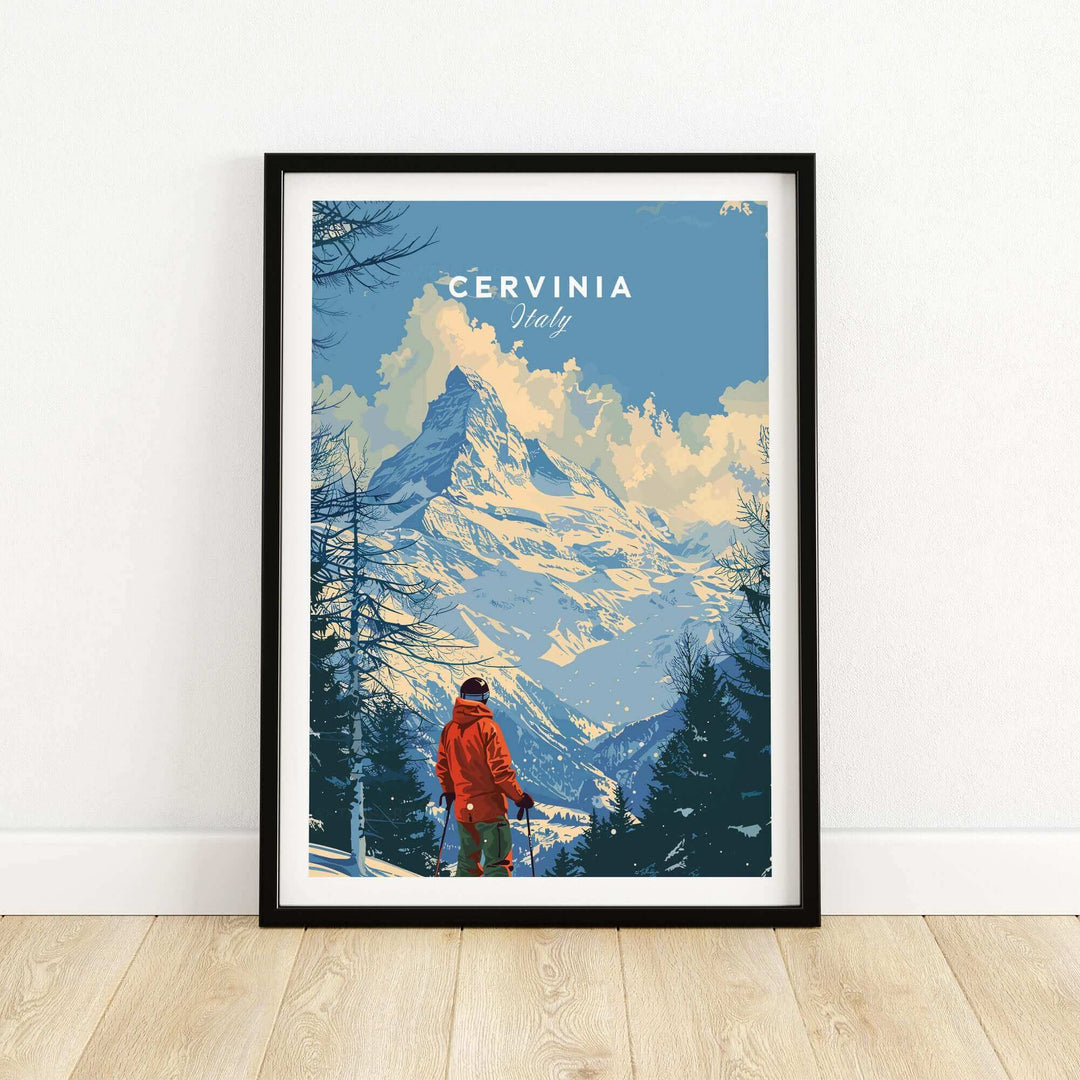 Cervinia ski print showcasing a skier in red against stunning Italian Alps scenery, perfect for home decor and adventure inspiration.