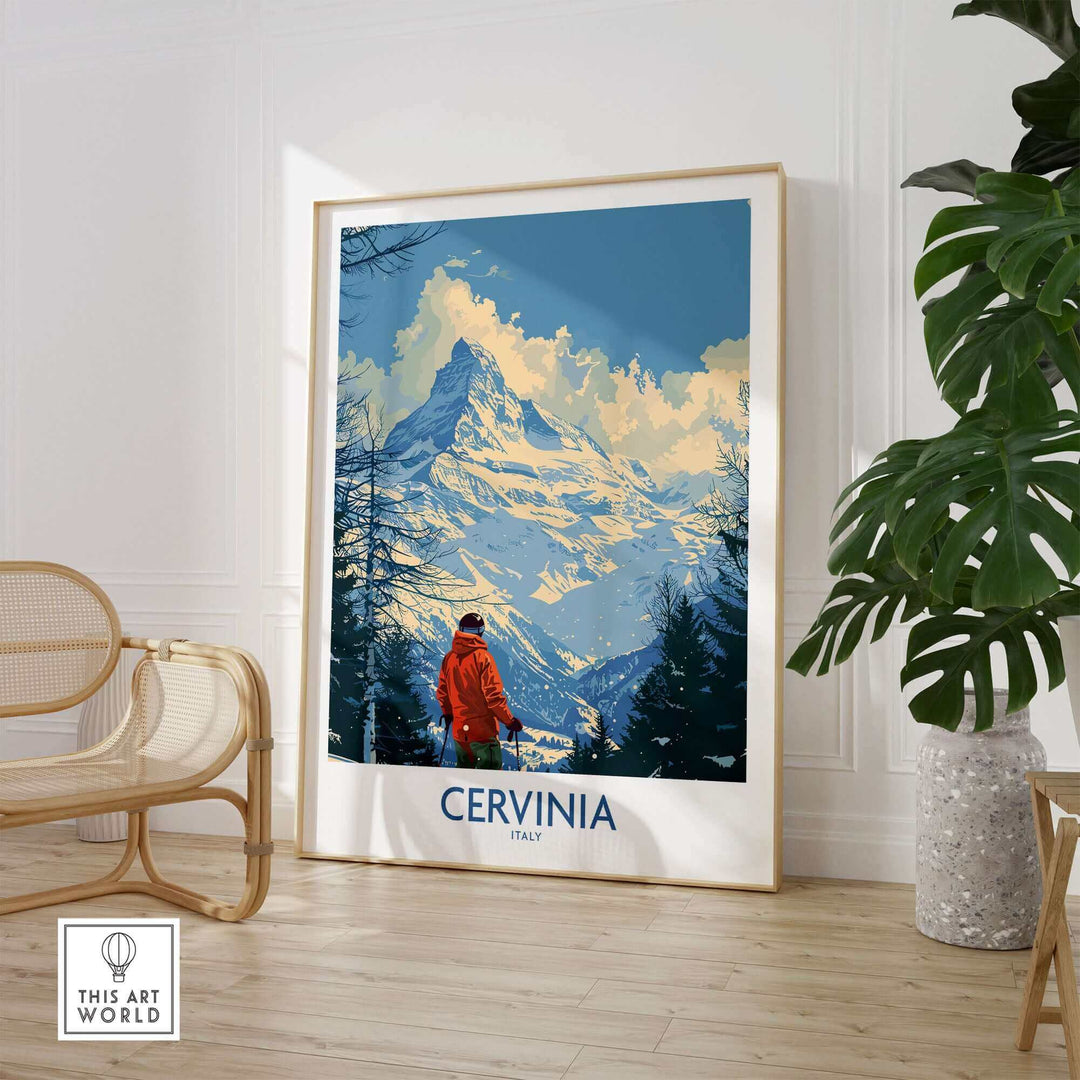 Cervinia travel poster showcasing a skier in front of stunning mountain scenery in Italy, perfect for ski enthusiasts.