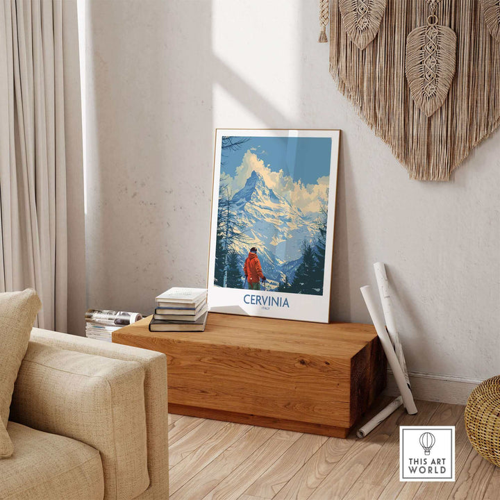 Cervinia travel poster displaying a woman in red against beautiful mountain scenery, perfect for ski enthusiasts and home decor.