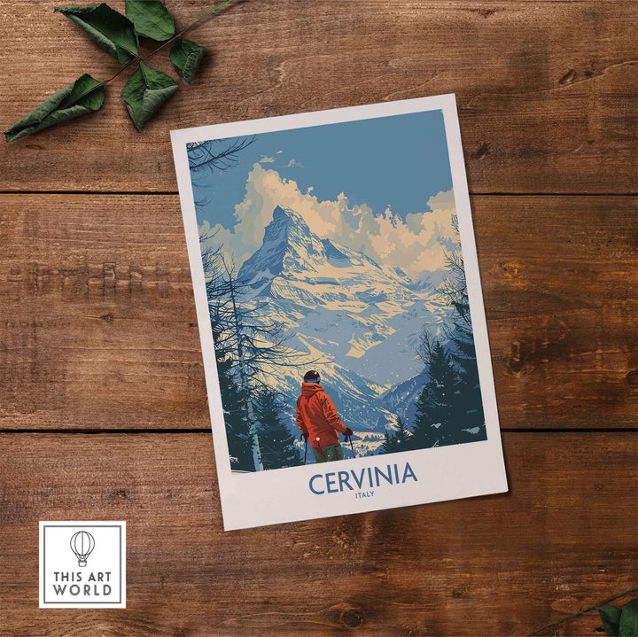 Cervinia travel poster showcasing a mountain scene in Italy, perfect for ski enthusiasts and adventure lovers.