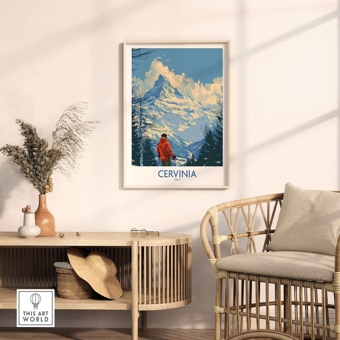 Cervinia travel poster showcasing scenic mountains and a skier in vibrant colors, perfect for home or office decor.