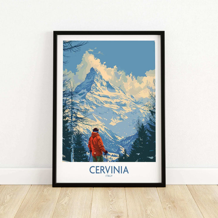 Cervinia travel poster featuring snowy mountains and a skier in a red jacket, showcasing the beauty of Italy’s ski resort.