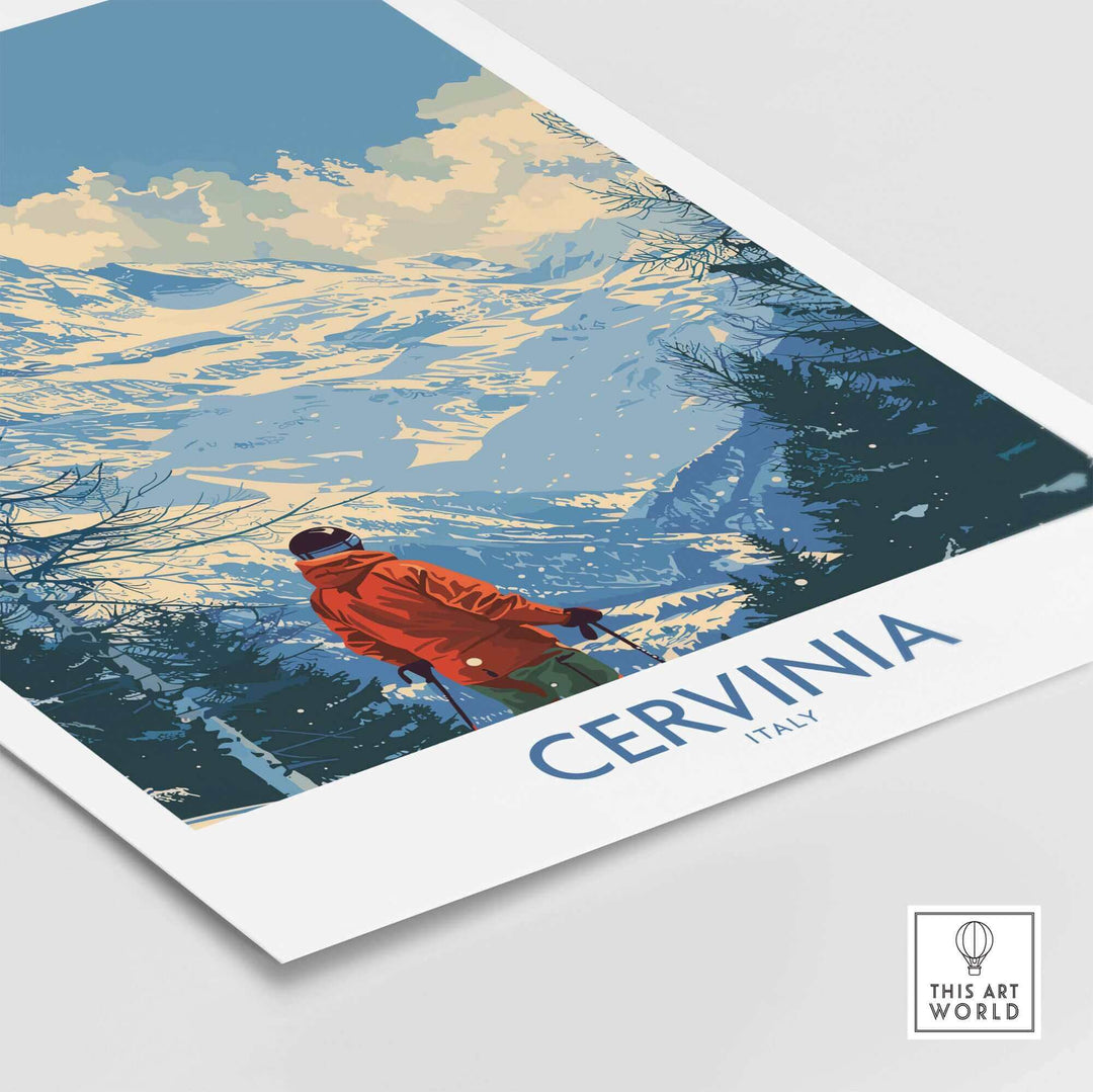 Cervinia travel poster featuring a skier overlooking snowy mountains in Italy, perfect for ski enthusiasts and adventure lovers.