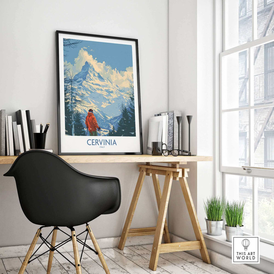 Cervinia travel poster displayed in a modern office setting, showcasing the beautiful ski resort of Cervinia, Italy.