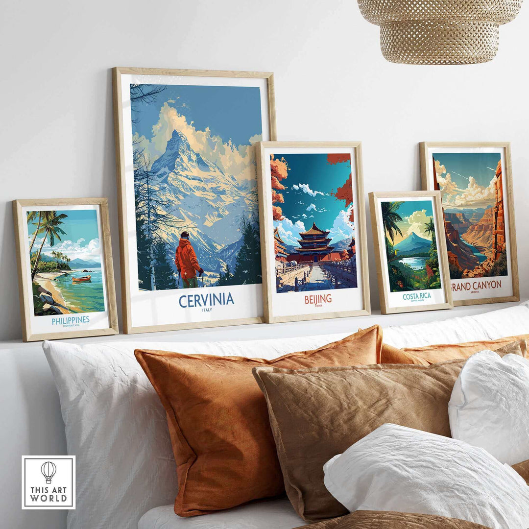 Cervinia travel poster alongside others like Beijing and Costa Rica, displayed in a cozy living room setting.