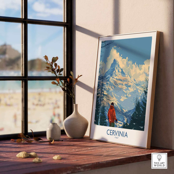 Cervinia travel poster showcasing a ski scene, framed and displayed near a window, highlighting Italy's stunning mountains.