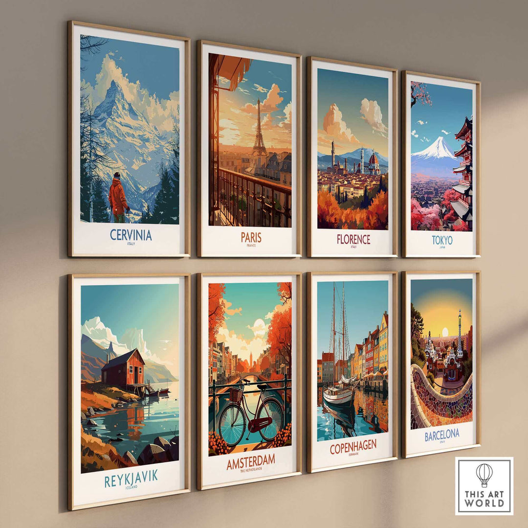 Vintage travel posters featuring Cervinia, Paris, Florence, Tokyo, Reykjavik, Amsterdam, Copenhagen, and Barcelona.