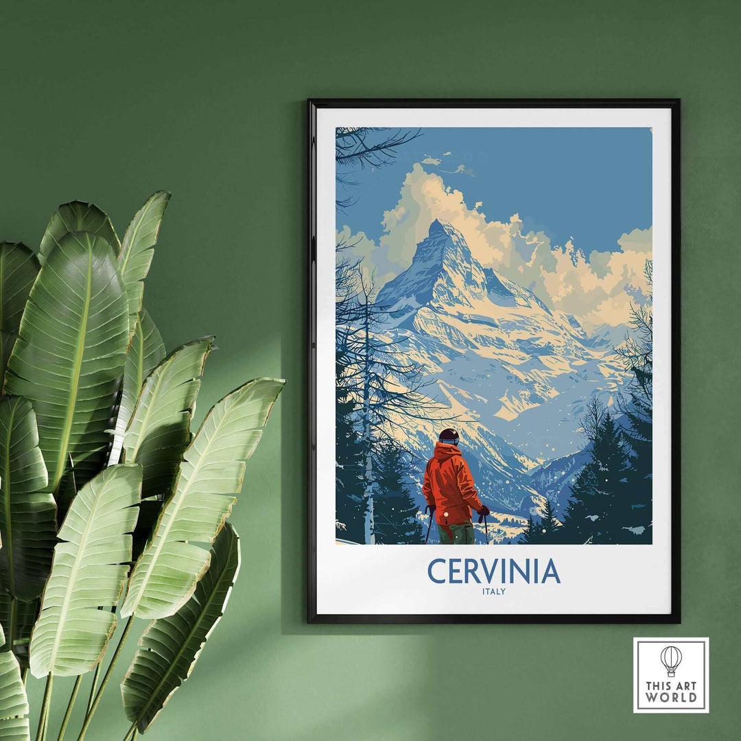 Cervinia travel poster featuring a skier against a stunning mountain backdrop, perfect for ski enthusiasts and home decor.