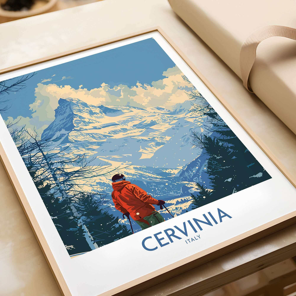 Cervinia travel poster showcasing a skier in front of the majestic mountain landscape in Italy. Perfect for ski enthusiasts.