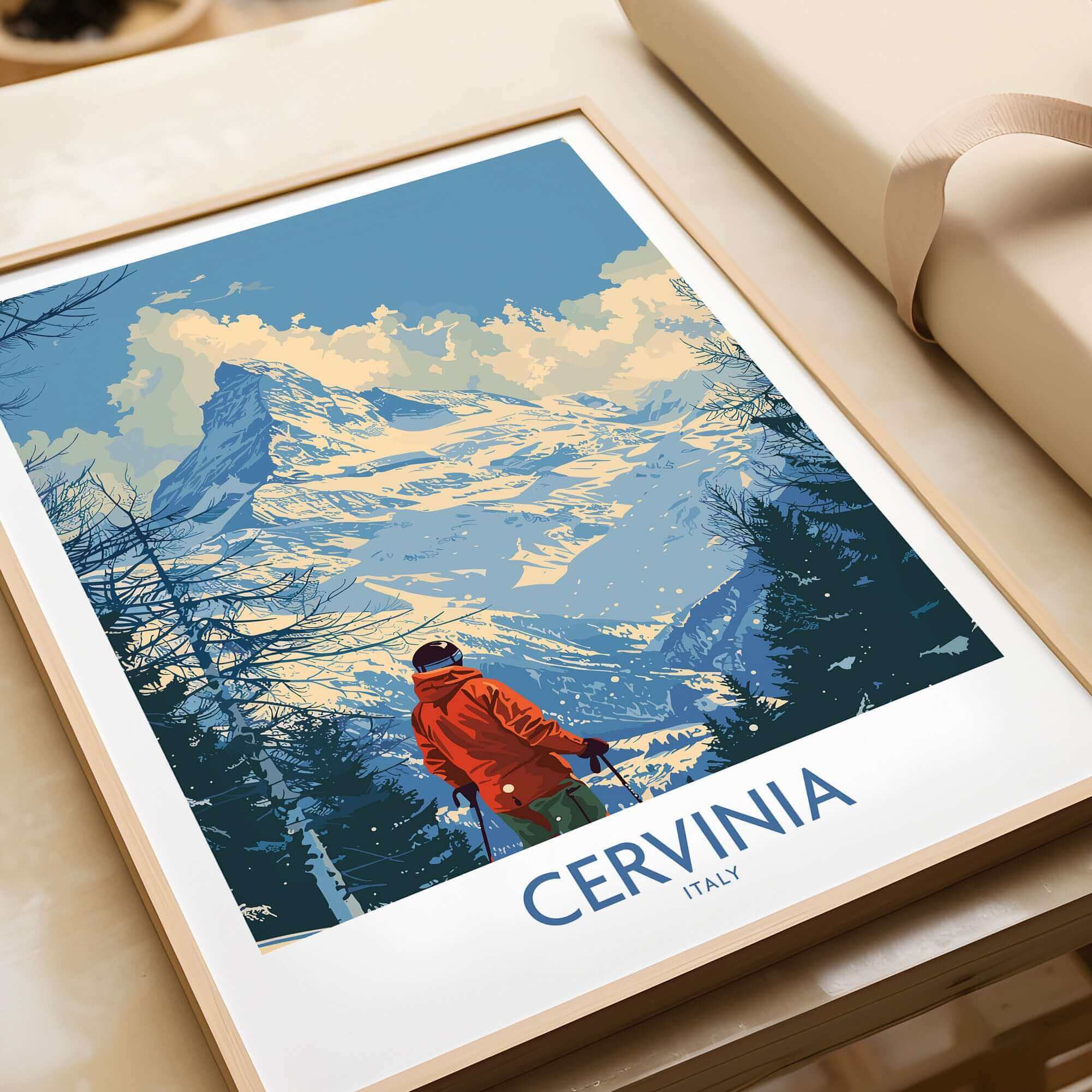 Cervinia travel poster showcasing a skier in front of the majestic mountain landscape in Italy. Perfect for ski enthusiasts.