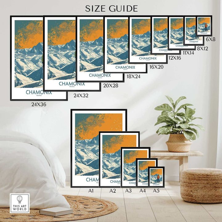 Chamonix Print France size guide display showing various poster dimensions in a room setting with mountain artwork.