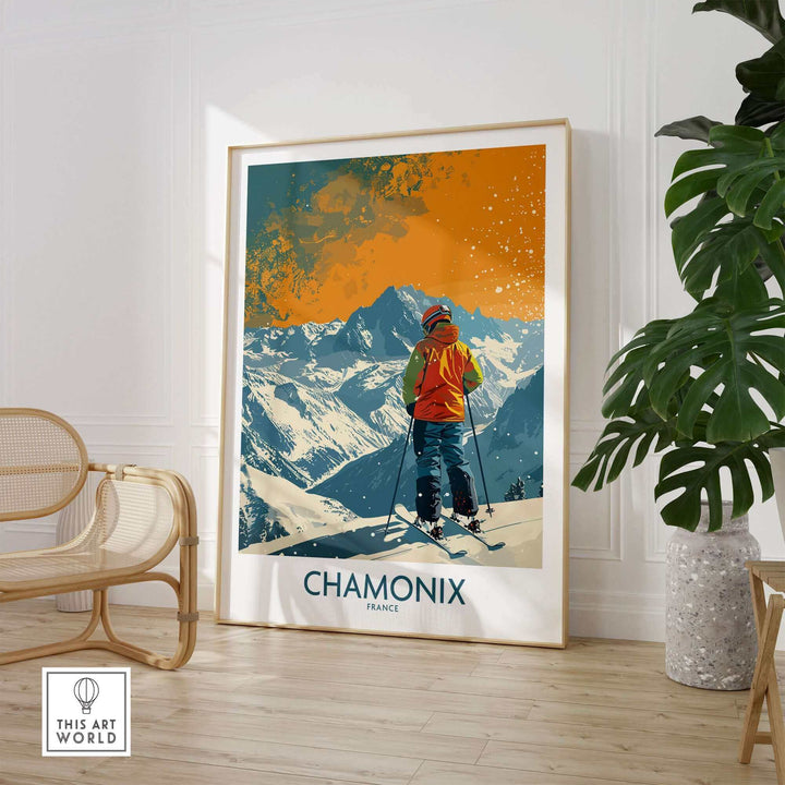 Chamonix Print France ski poster showcasing a skier in the French Alps, ideal for home or office décor.