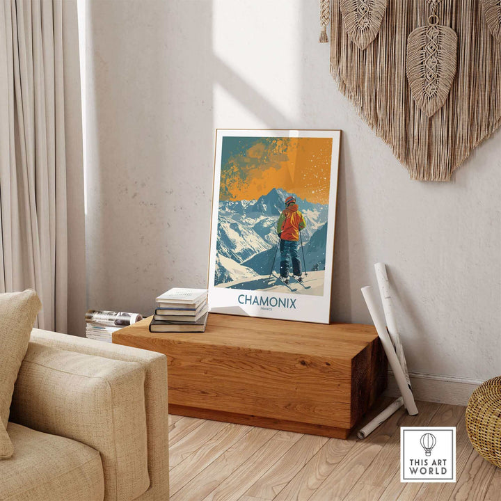 Chamonix ski poster featuring skier and French Alps on display in modern living room setting.