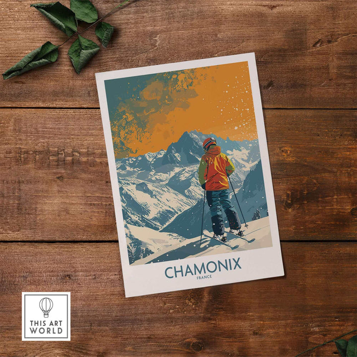 Chamonix Print France ski poster showcasing a vibrant skier against the stunning backdrop of the French Alps on rustic wooden table.