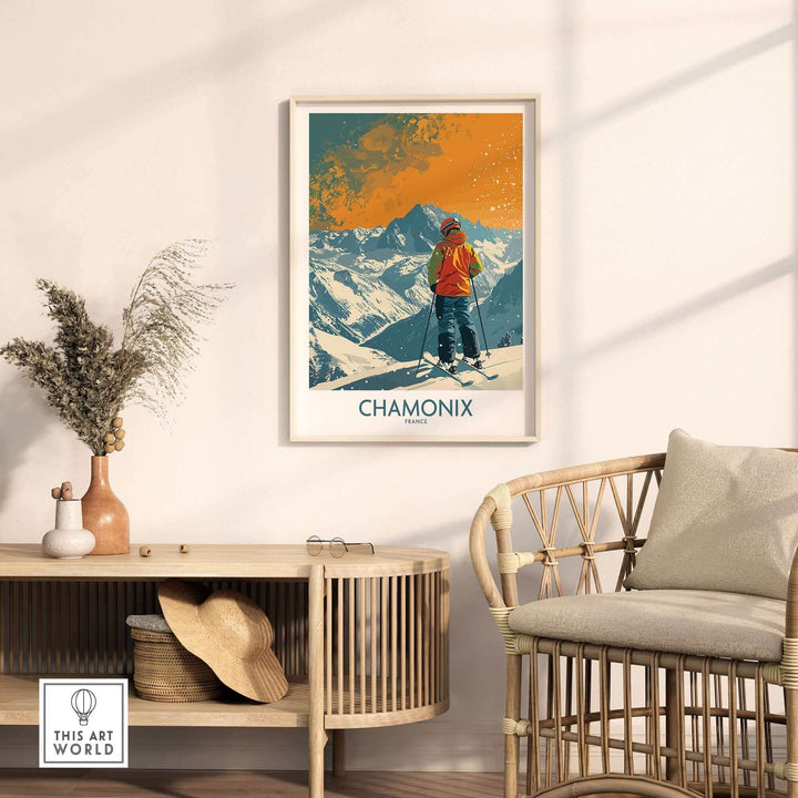 Chamonix Print France ski poster on wall, showcasing stunning French Alps, perfect for home or office decor.